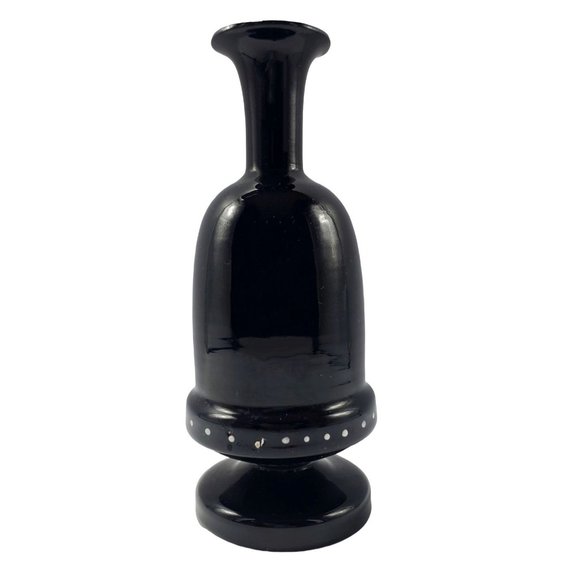 Antique Hand Blown Black Amethyst Glass Vase Hand Painted Floral Rough Pontil - Picture 3 of 6